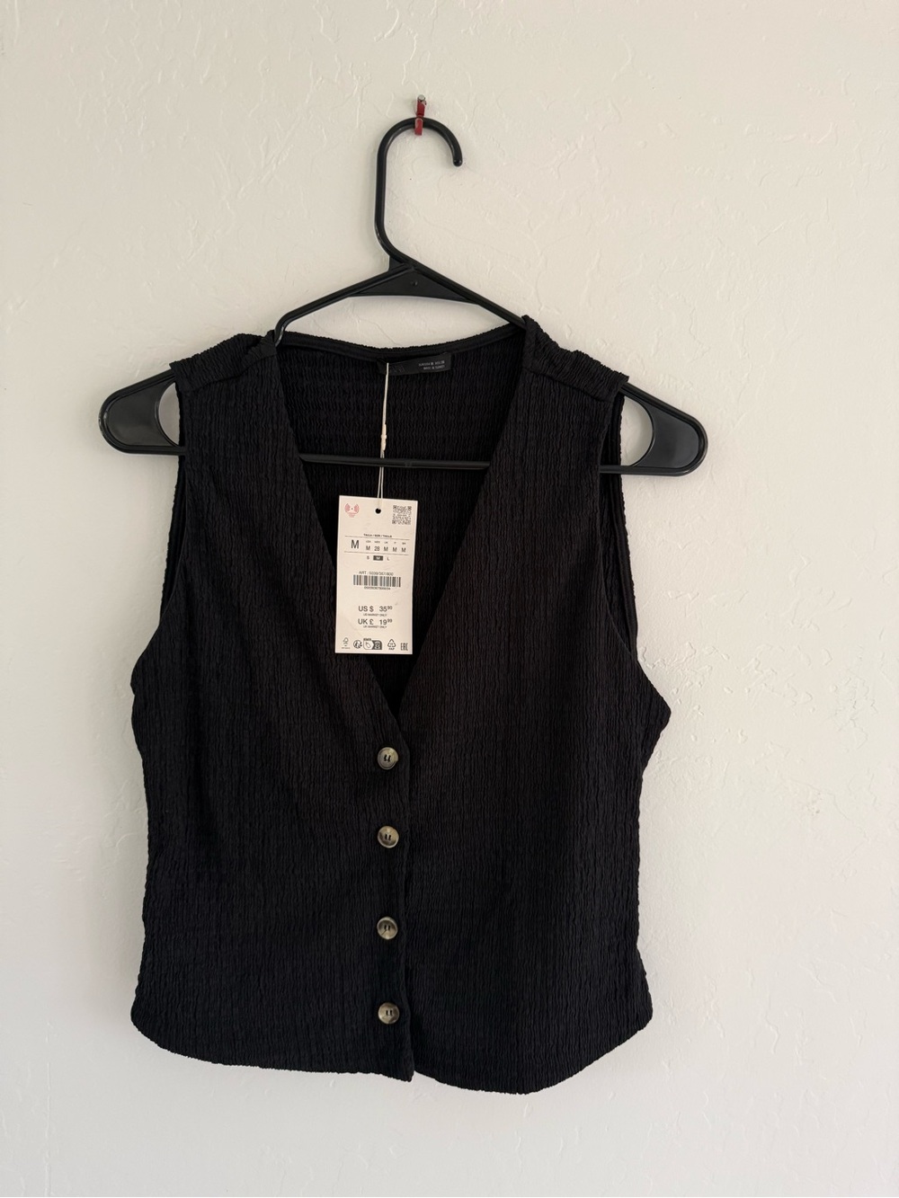 Zara Black Textured Button-Front Sleeveless top